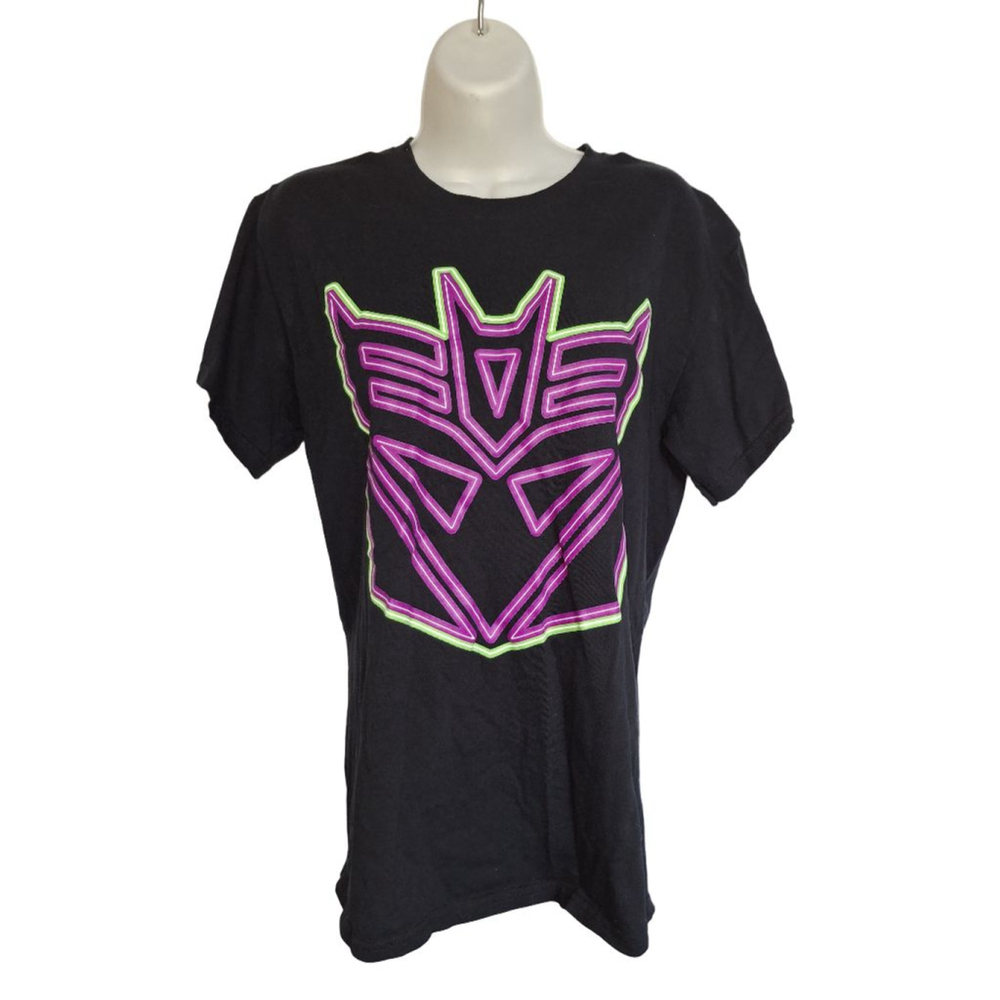 Men's Gildan Black Transformers Decepticon Short Sleeve Tee M Purple Neon Green